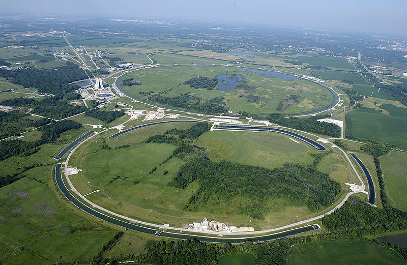 The Tevatron (background) and Main Injector rings form a circular particle accelerator located in the United States.