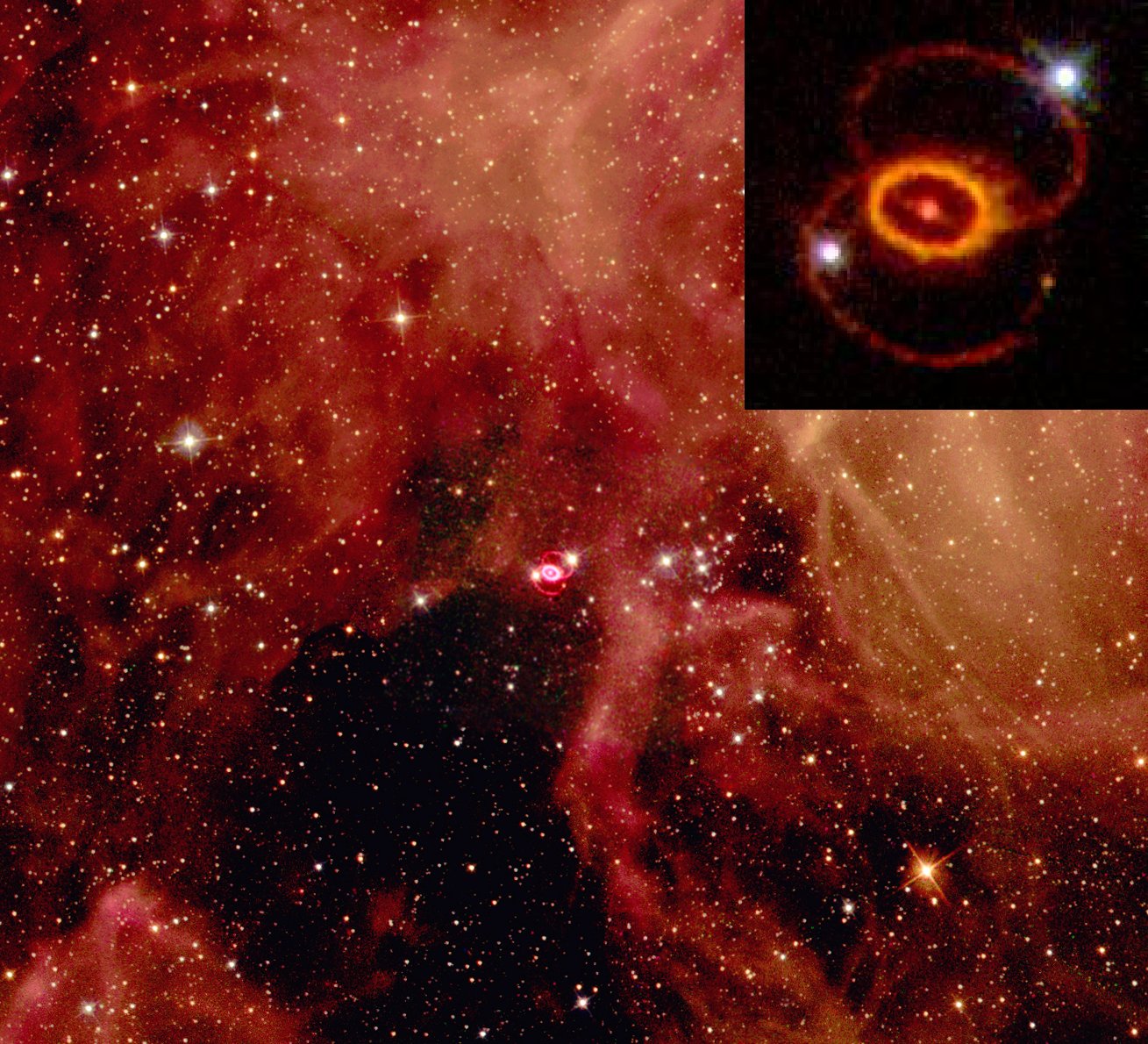 Circumstellar rings around SN 1987A, with the ejecta from the supernova explosion at the center of the inner ring.